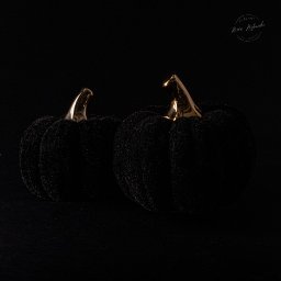 DUALART_PHOTOGRAPHY - Dwie małe, czarne, aksamitne dynie z błyszczącymi, złotymi łodygami na czarnym tle. Minimalistyczna kompozycja z subtelnym oświetleniem.