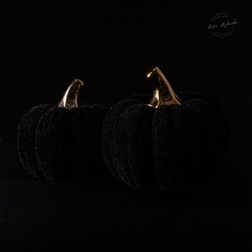 Dwie małe, czarne, aksamitne dynie z błyszczącymi, złotymi łodygami na czarnym tle. Minimalistyczna kompozycja z subtelnym oświetleniem.