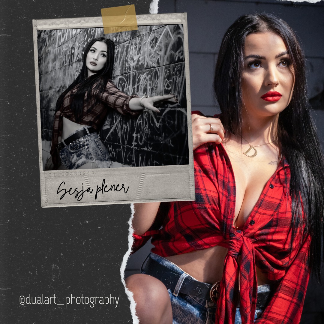 Portret kobiety w czerwonej koszuli w kratę, z makijażem i naszyjnikiem z literą D, obok zdjęcia w stylu polaroid z sesji plenerowej przy ścianie z graffiti.