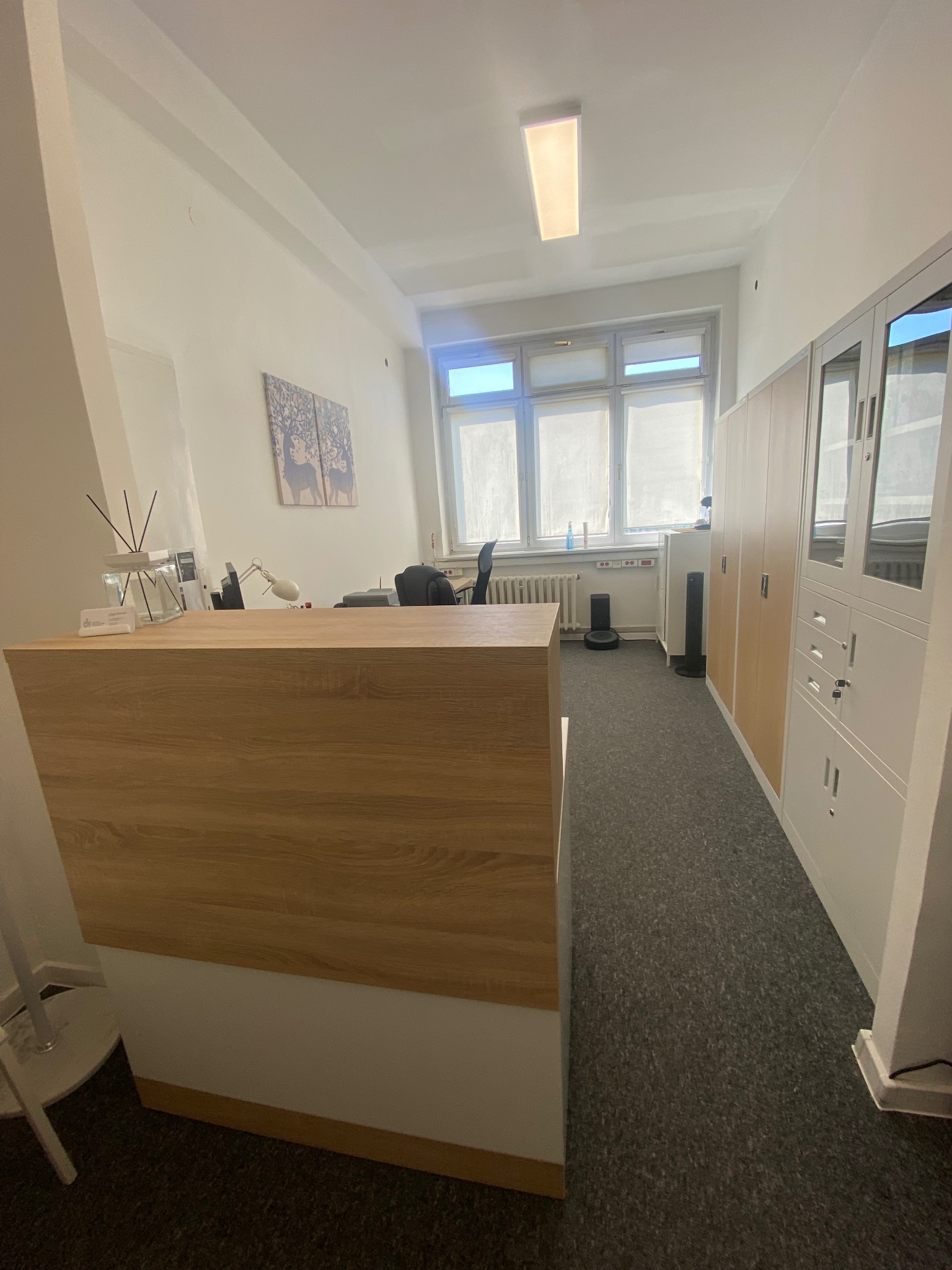 Jasne biuro kancelarii z recepcją o drewnianym blacie, szarą wykładziną i szafami na dokumenty. W tle okno z roletami i dekoracje ścienne.