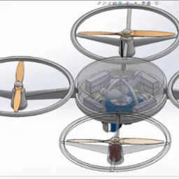 Model 3D drona z czterema wirnikami, widoczny w programie CAD z menu bocznym zawierającym strukturę komponentów, prezentujący szczegółową konstrukcję i rozmieszczenie podzespołów.