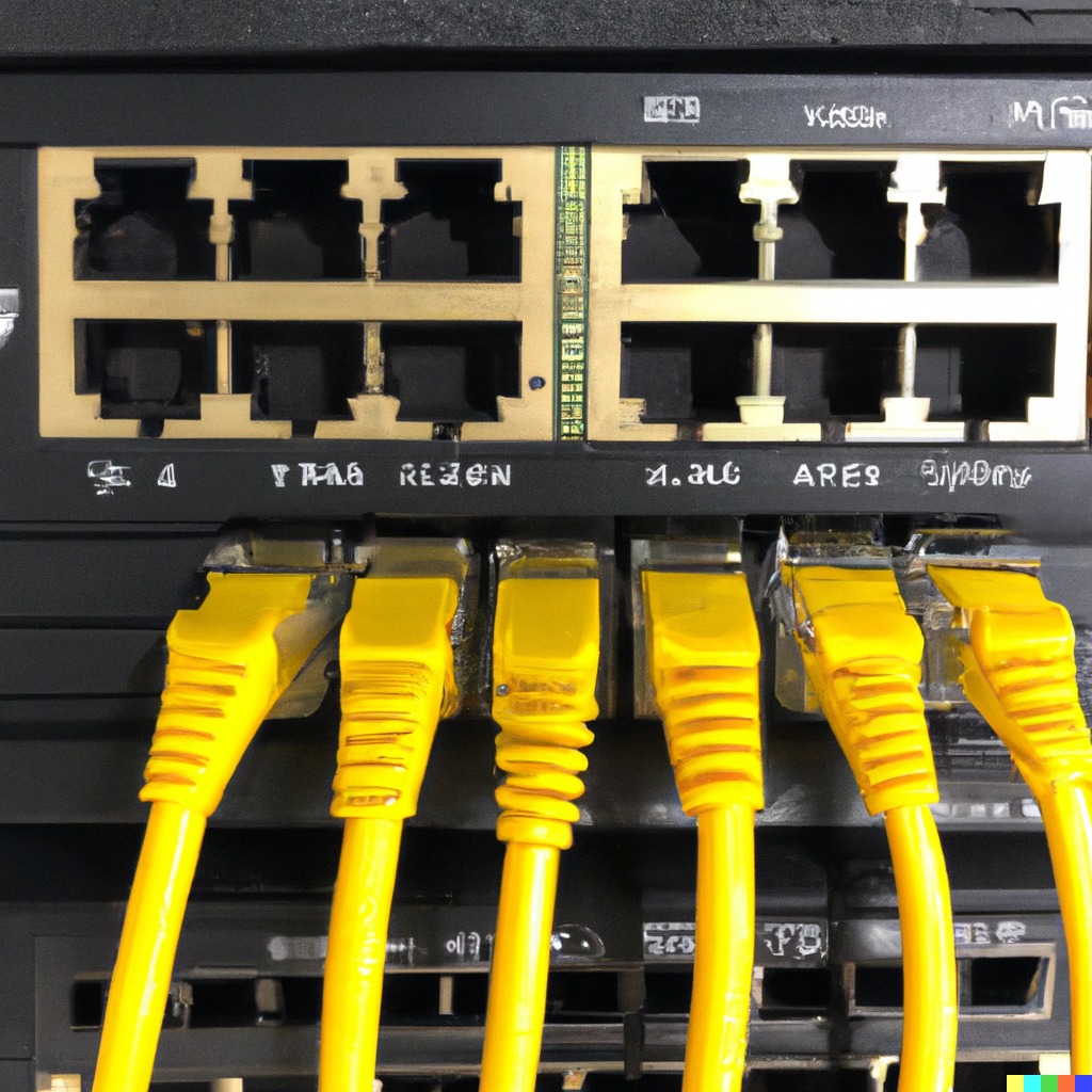 Szczegółowe ujęcie panelu krosowniczego z podłączonymi żółtymi kablami Ethernet, widoczne porty i oznaczenia, całość w lekko przyciemnionym oświetleniu.