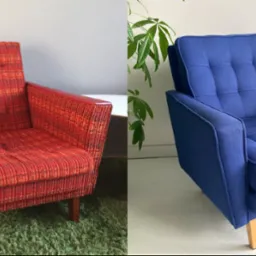 Kolaż przedstawiający fotel przed i po renowacji: z lewej strony fotel w czerwono-pomarańczową kratę z widocznymi śladami użytkowania, z prawej strony fotel po renowacji, obity gładką, niebieską...