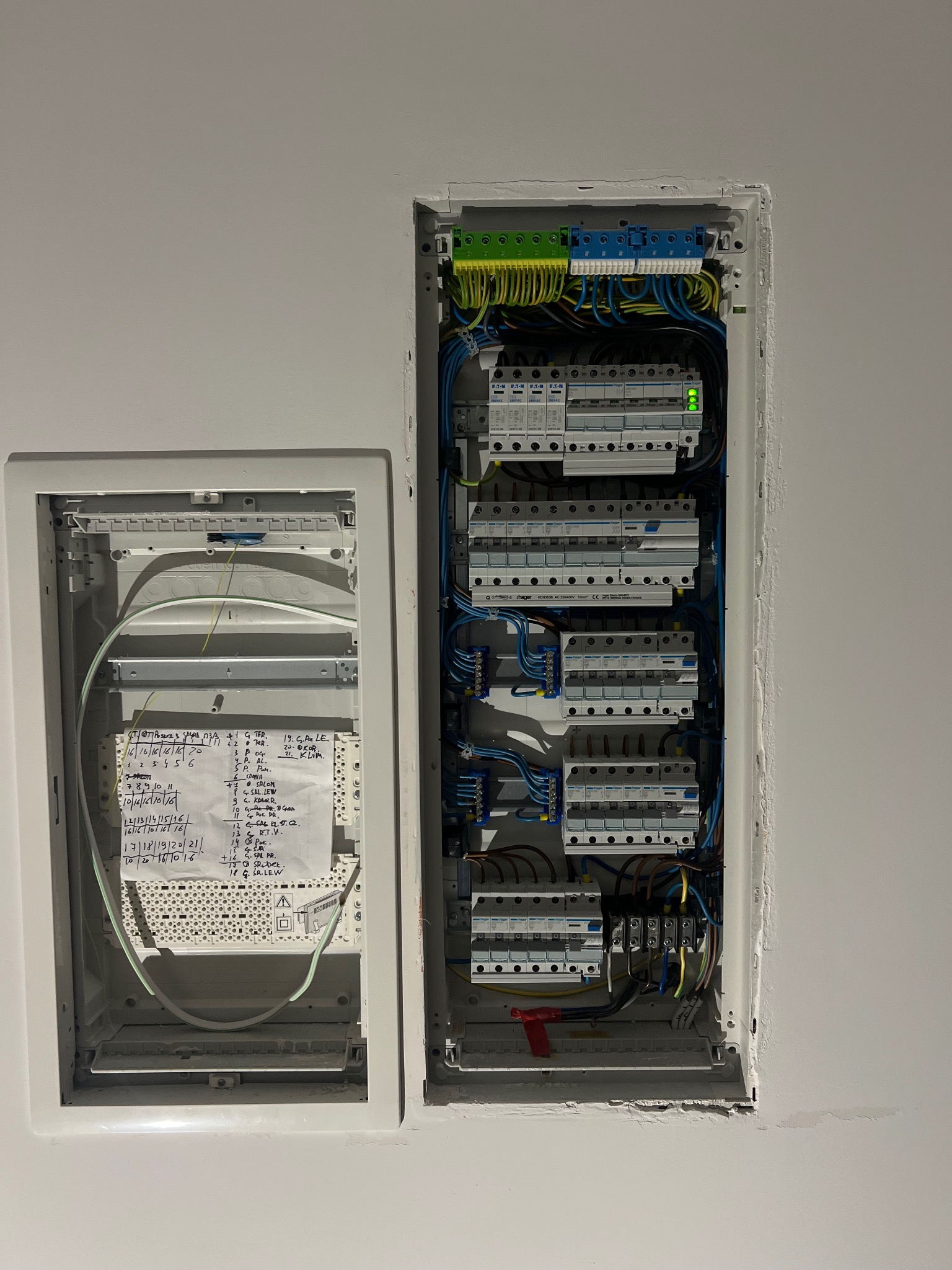 Rozdzielnia elektryczna w ścianie z widocznymi bezpiecznikami, przewodami i notatkami w skrzynce obok. Widok z bliska na instalację elektryczną wewnątrz obudowy.