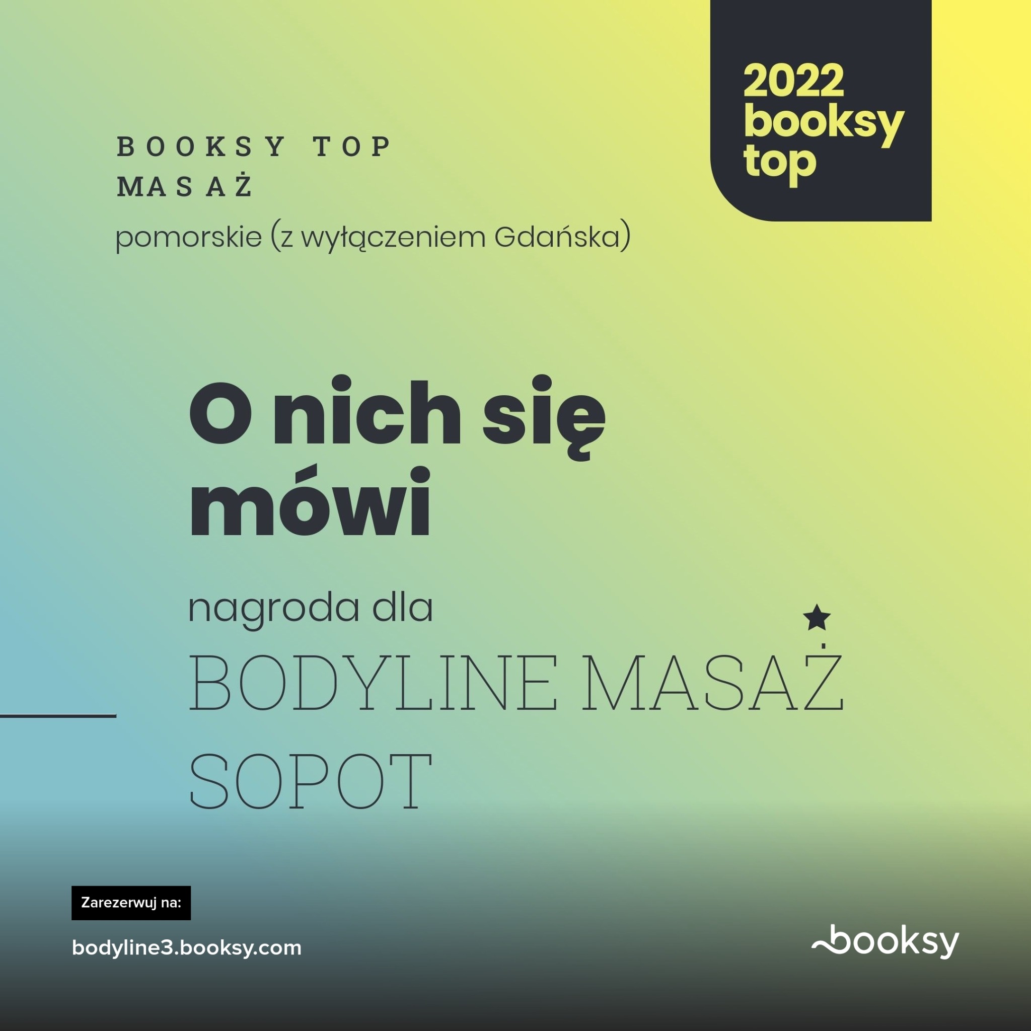 Grafika reklamowa Bodyline Masaż Sopot, nagrodzona w konkursie Booksy Top 2022 w kategorii Masaż Pomorskie (z wyłączeniem Gdańska), z adresem do rezerwacji online.