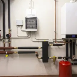 Nowoczesna instalacja centralnego ogrzewania z białym piecem, czerwonym zbiornikiem wyrównawczym, pompami obiegowymi i rozdzielnicą elektryczną na ścianie w kotłowni.