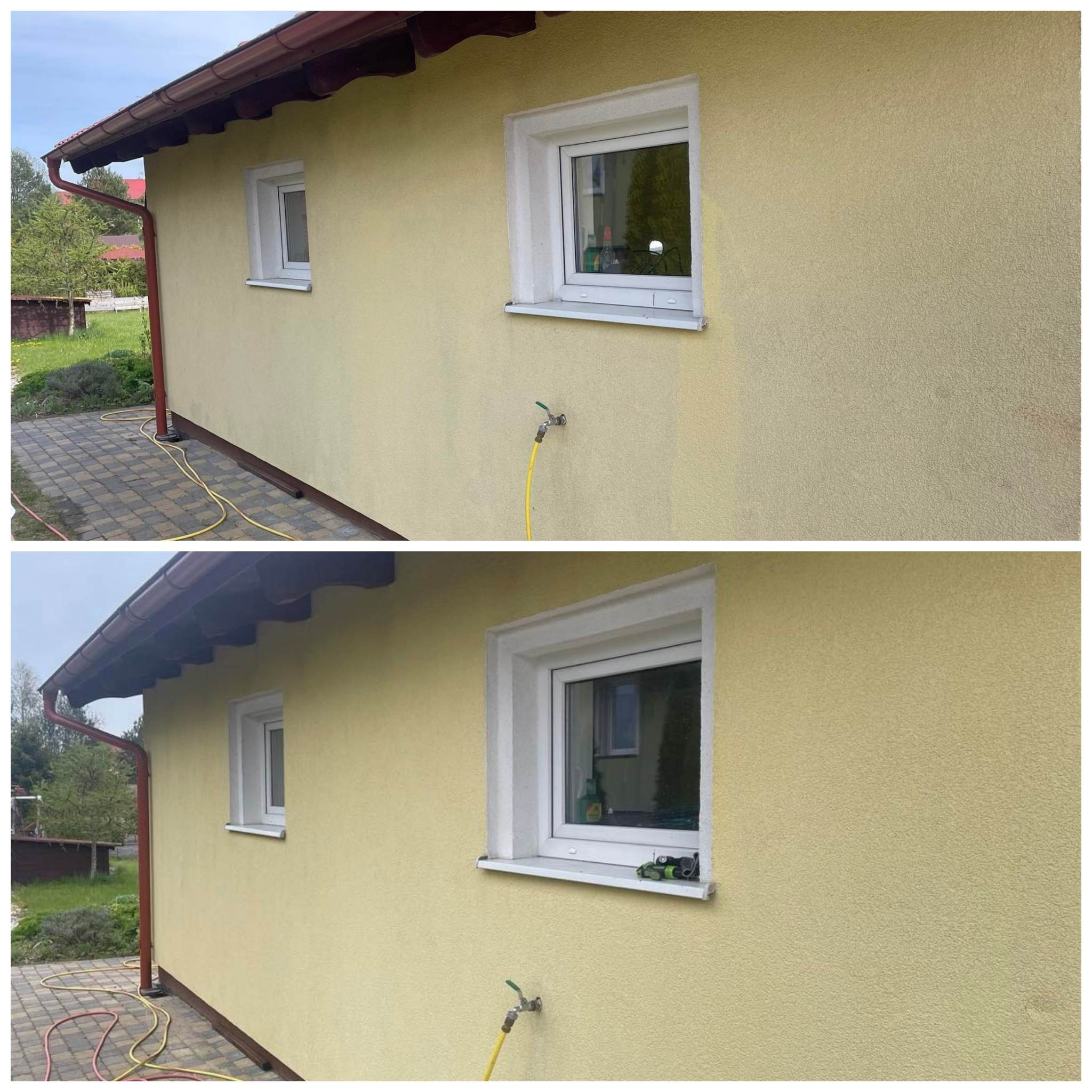 Porównanie stanu elewacji przed i po czyszczeniu: widoczna różnica w odcieniu żółtej ściany, ciemniejsza góra i jaśniejszy dół, z kranem i wężem ogrodowym przy oknie.