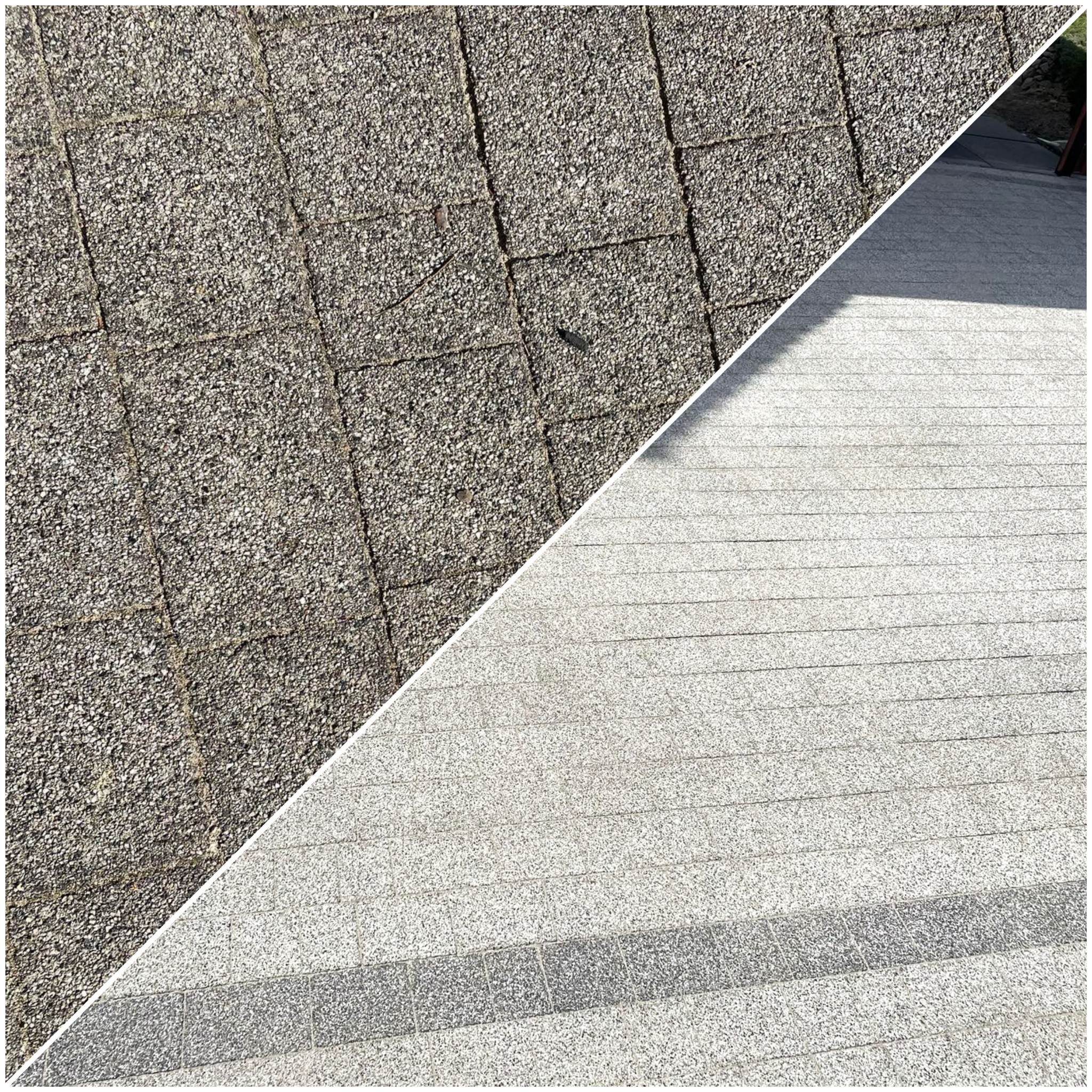 Porównanie kostki brukowej przed i po czyszczeniu: brudna, szara kostka po lewej stronie kontrastuje z czystą, jasną kostką po prawej, oddzielone ukośną linią.