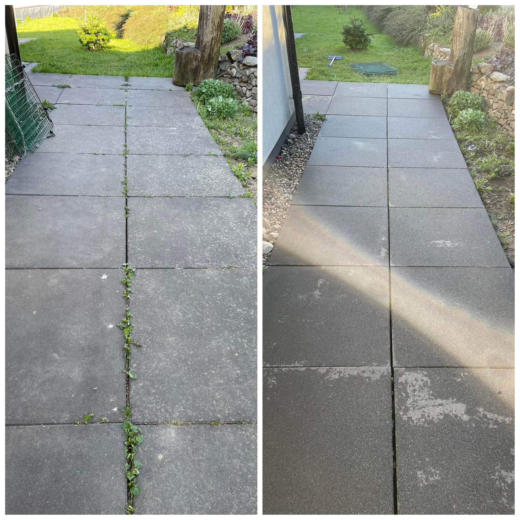 Porównanie stanu kostki brukowej przed i po czyszczeniu: po lewej stronie kostka szara, porośnięta mchem i chwastami w spoinach, po prawej stronie kostka czysta, bez zabrudzeń i roślin, z widocznym...