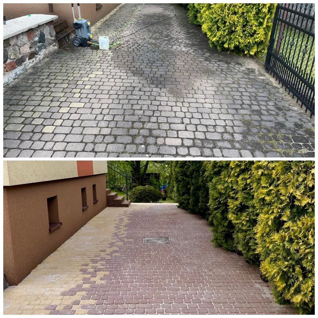 Porównanie kostki brukowej przed i po czyszczeniu: widoczna różnica w kolorze i usunięte zabrudzenia, z boku budynku i roślinność.