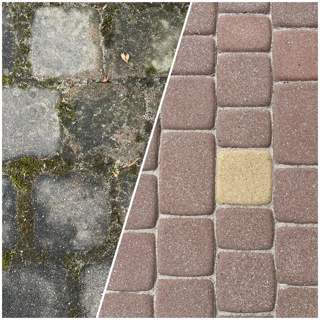 Porównanie kostki brukowej przed i po czyszczeniu: po lewej stronie brudna, porośnięta mchem, po prawej wyczyszczona, z jedną żółtą kostką wyróżniającą się na tle brązowych.