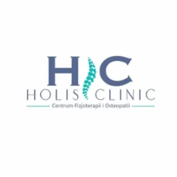 Logo Holis Clinic z Elbląga, centrum fizjoterapii i osteopatii, z motywem kręgosłupa w kolorze turkusowym.