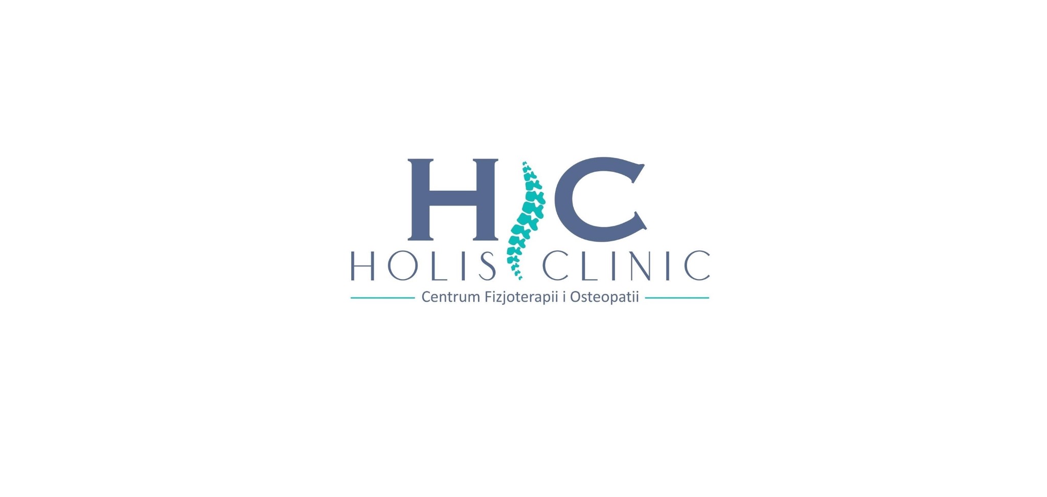 Logo Holis Clinic z Elbląga, centrum fizjoterapii i osteopatii, z motywem kręgosłupa w kolorze turkusowym.