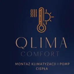 Eleganckie logo firmy Qlima Comfort na ciemnoniebieskim tle, z motywem termometru i słońca, oferującej montaż systemów chłodzenia i grzewczych.