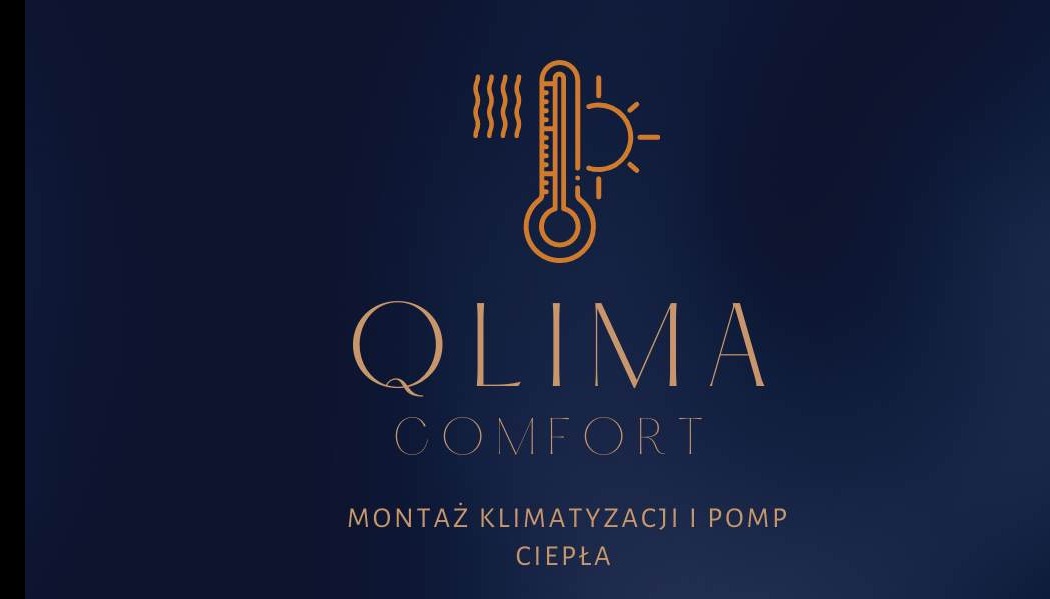 Eleganckie logo firmy Qlima Comfort na ciemnoniebieskim tle, z motywem termometru i słońca, oferującej montaż systemów chłodzenia i grzewczych.
