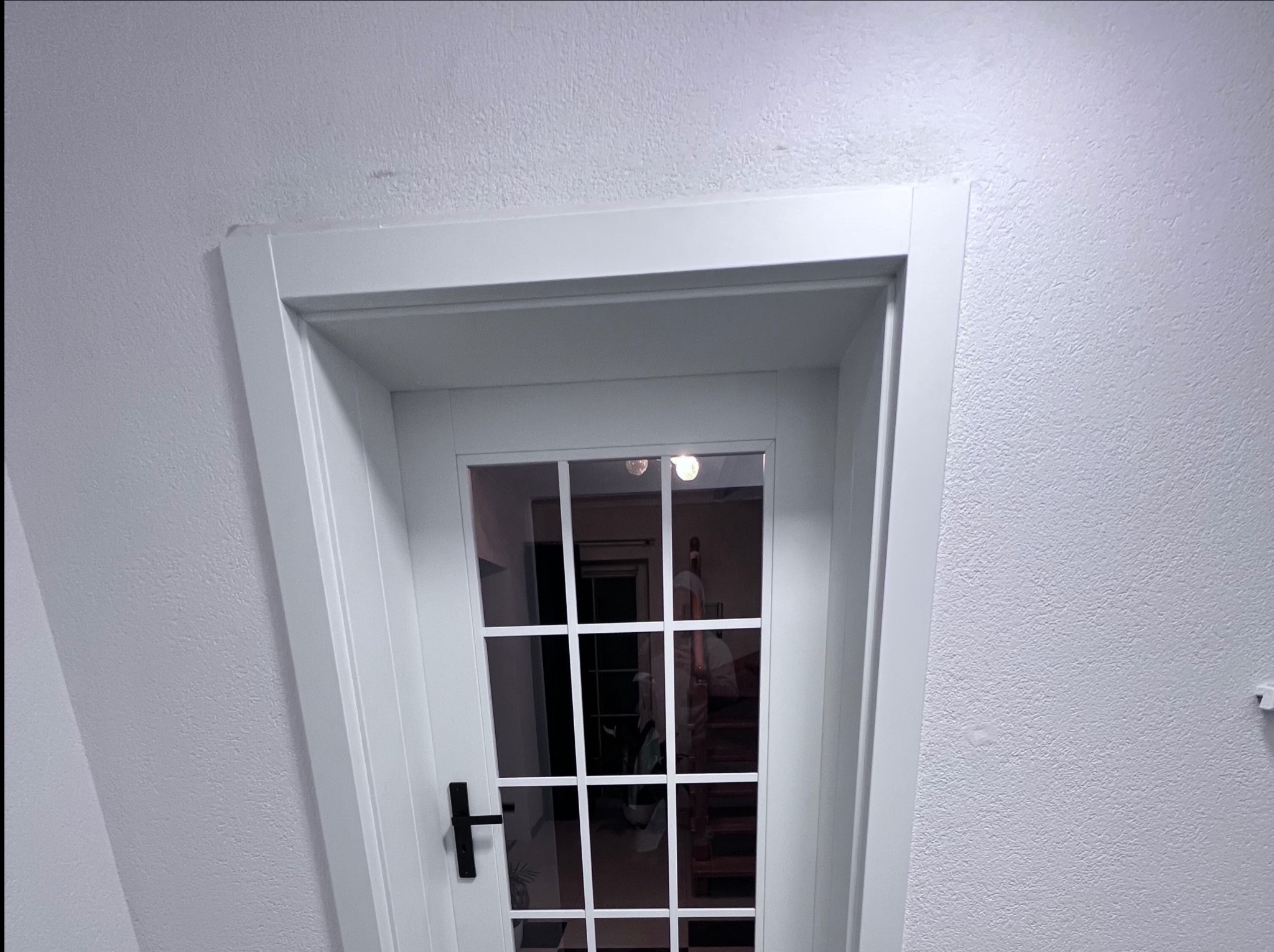 Białe drzwi wewnętrzne z szybami w kratkę i czarną klamką, osadzone w białej ościeżnicy na tle ściany o jasnej, ziarnistej fakturze.