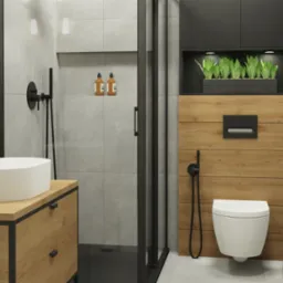 Nowoczesna łazienka z drewnianymi akcentami, czarną armaturą i roślinami doniczkowymi, ukazująca umywalkę nablatową, kabinę prysznicową typu walk-in oraz toaletę podwieszaną.