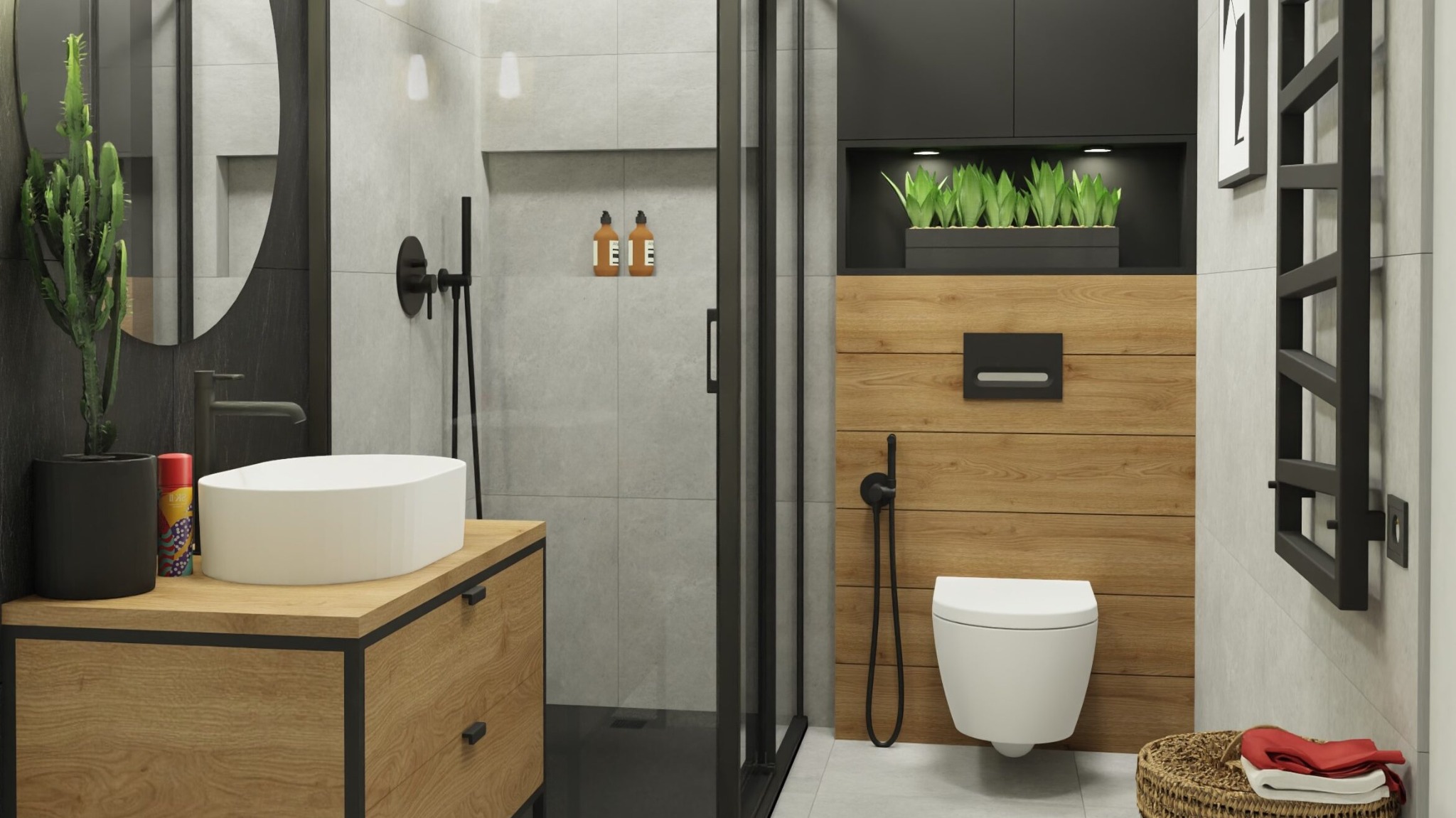 Nowoczesna łazienka z drewnianymi akcentami, czarną armaturą i roślinami doniczkowymi, ukazująca umywalkę nablatową, kabinę prysznicową typu walk-in oraz toaletę podwieszaną.