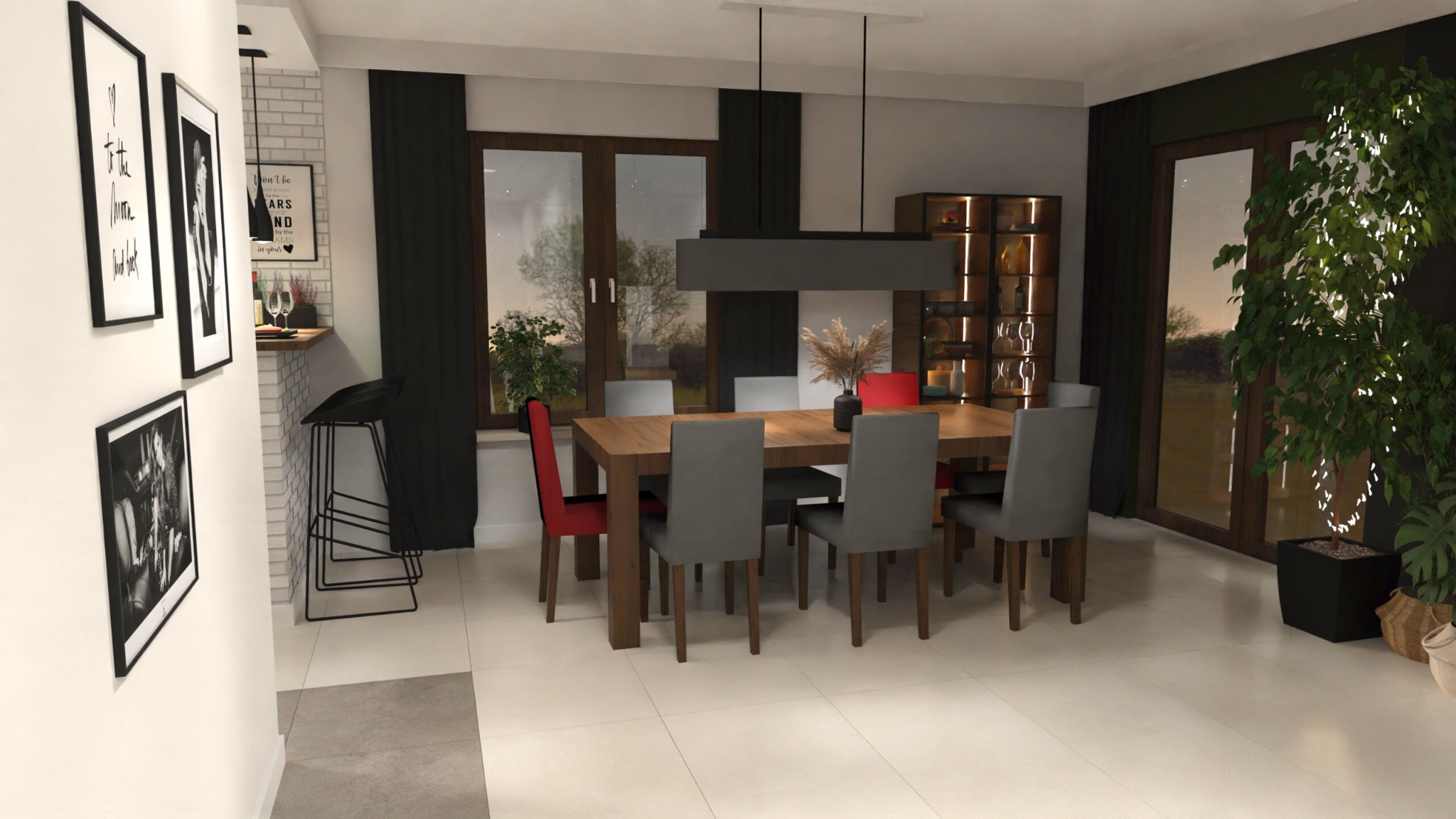 Nowoczesna jadalnia z dużym drewnianym stołem otoczonym szarymi krzesłami i jednym czerwonym, oświetlona podłużną lampą, z widokiem na zewnątrz przez okna z czarnymi zasłonami, uzupełniona rośliną...