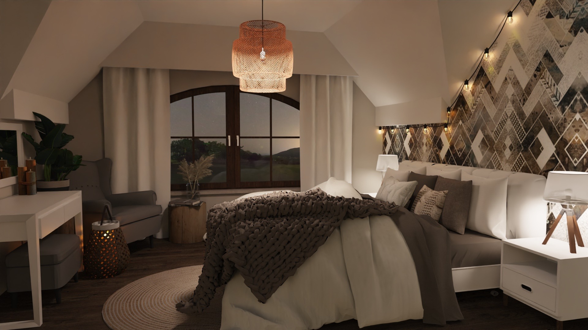 Aranżacja sypialni w stylu boho z łóżkiem z grubym, plecionym pledem, lampą wiszącą z abażurem z naturalnego materiału i tapetą w geometryczne wzory, oświetlona girlandą żarówek.