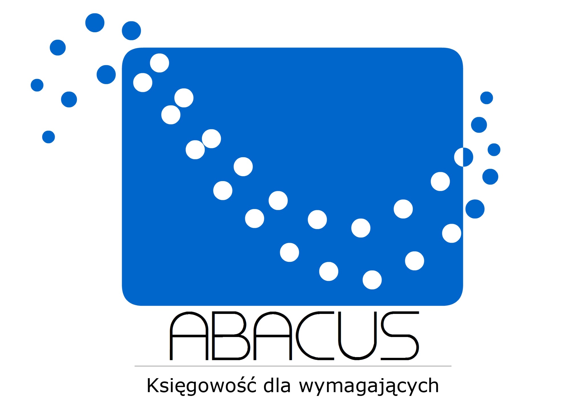 Logo firmy ABACUS z hasłem 'Księgowość dla wymagających', na białym tle, z niebieskim kwadratem i białymi kropkami układającymi się w kształt sinusoidy.