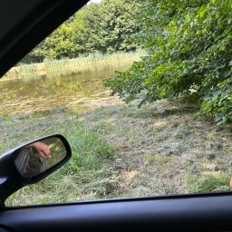 Damian Cichański - Widok z wnętrza samochodu na brzeg stawu po koszeniu trawy, z widocznym lusterkiem bocznym i fragmentem dłoni.