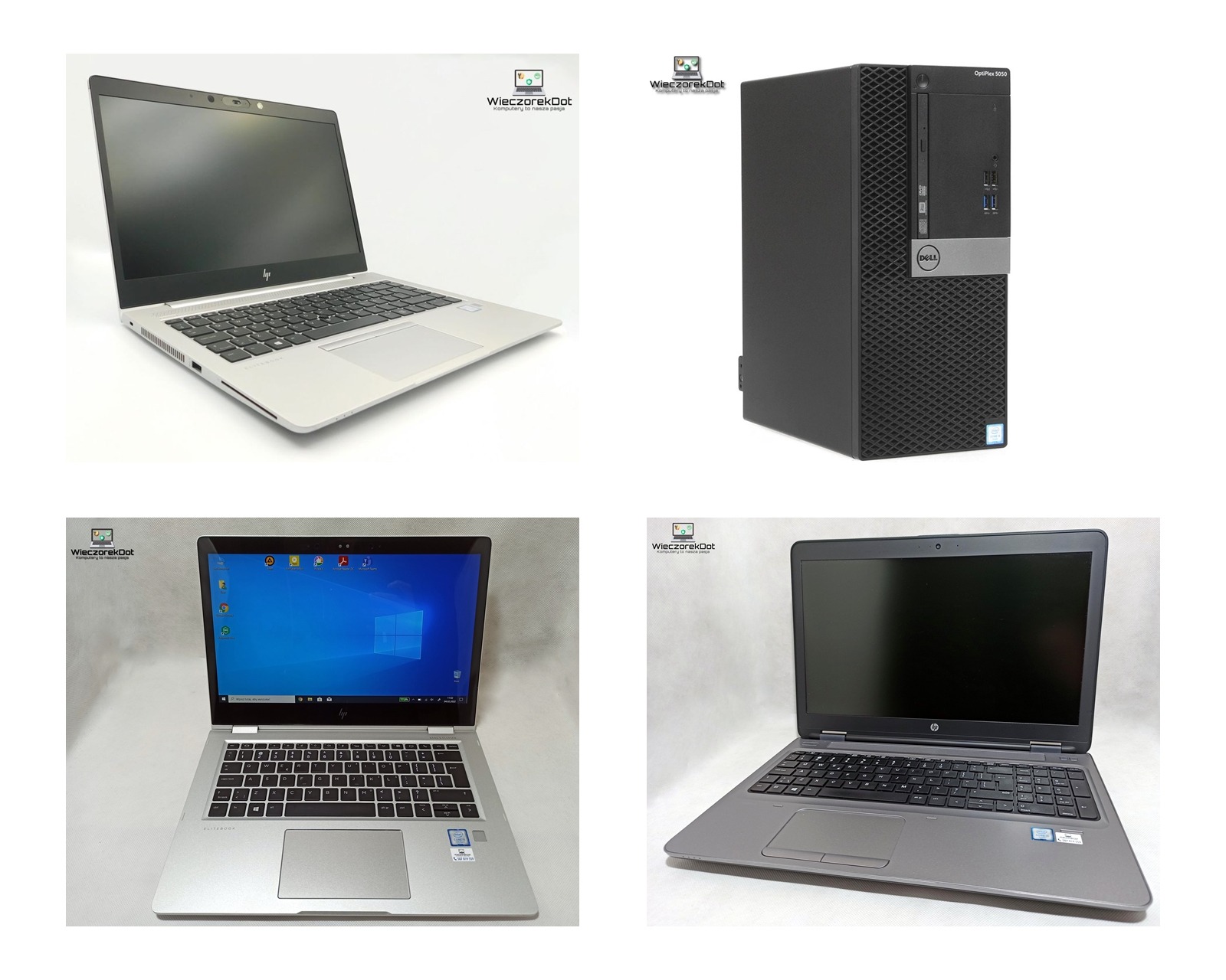 Kompozycja czterech ujęć komputerów: srebrny laptop HP Elitebook otwarty pod kątem, czarna obudowa komputera stacjonarnego Dell Optiplex 5050, srebrny laptop HP Elitebook otwarty z widocznym...