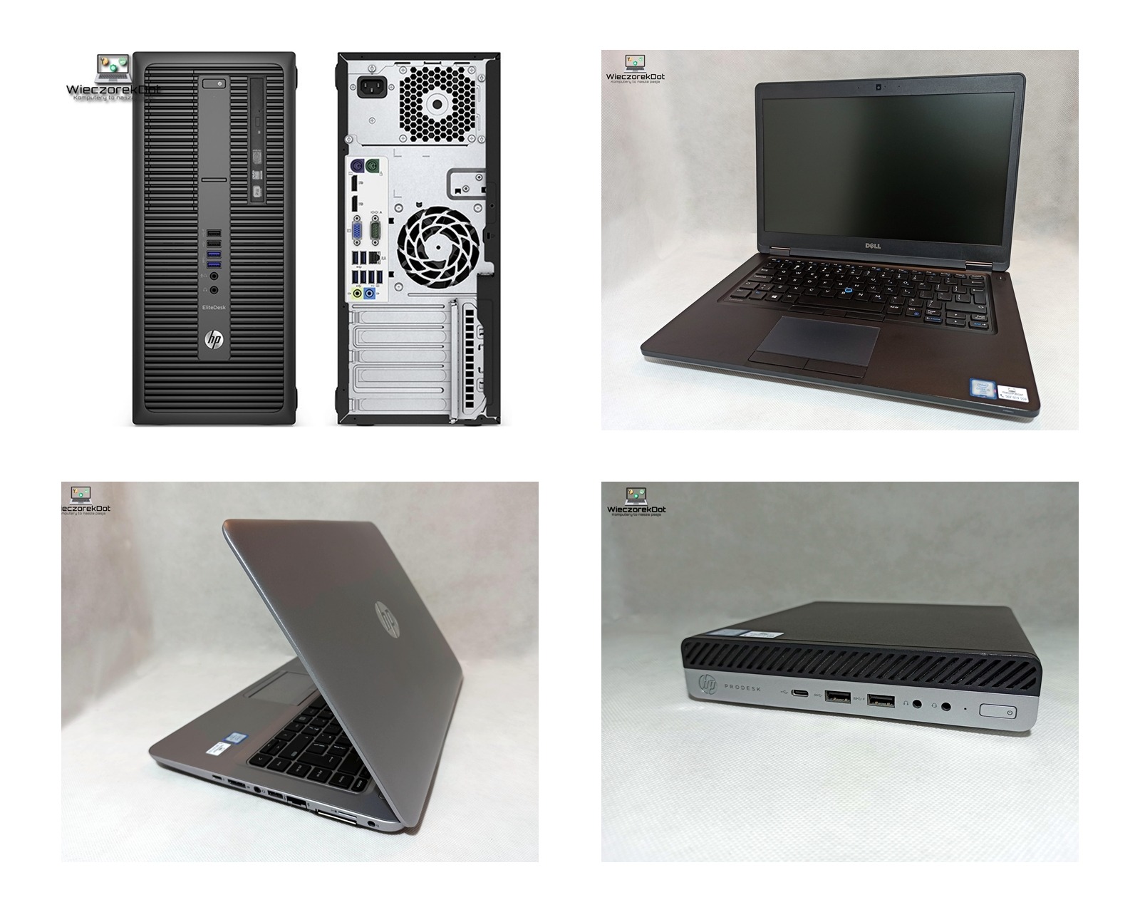 Zestawienie czterech urządzeń komputerowych: stacjonarny komputer HP EliteDesk z widokiem na przód i tył obudowy, laptop Dell z otwartym ekranem, laptop HP z otwartym ekranem pod kątem...