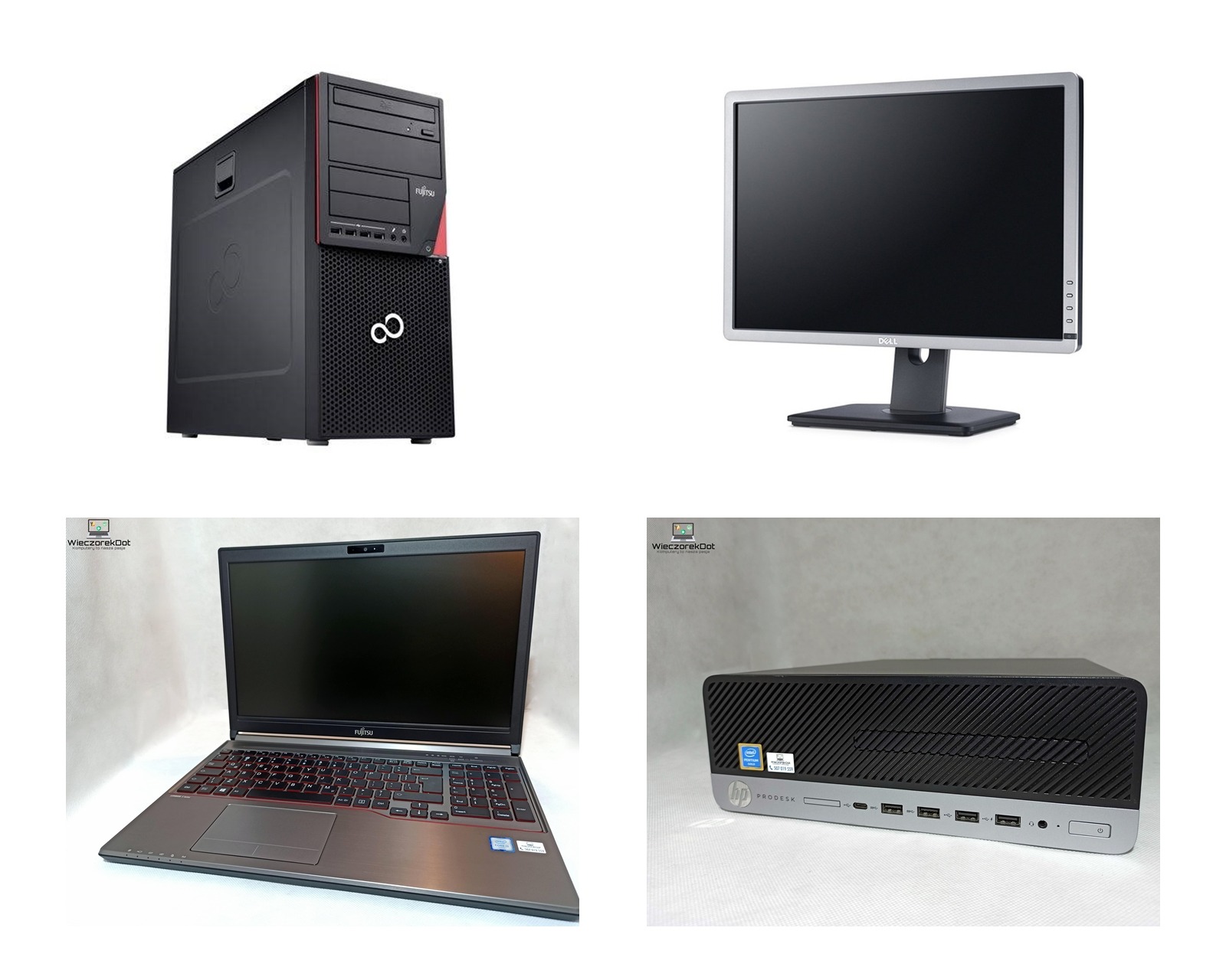 Zestaw urządzeń komputerowych na białym tle: komputer stacjonarny Fujitsu w obudowie tower, monitor Dell z srebrną ramką, laptop Fujitsu Lifebook z czerwonymi akcentami na klawiaturze i komputer...