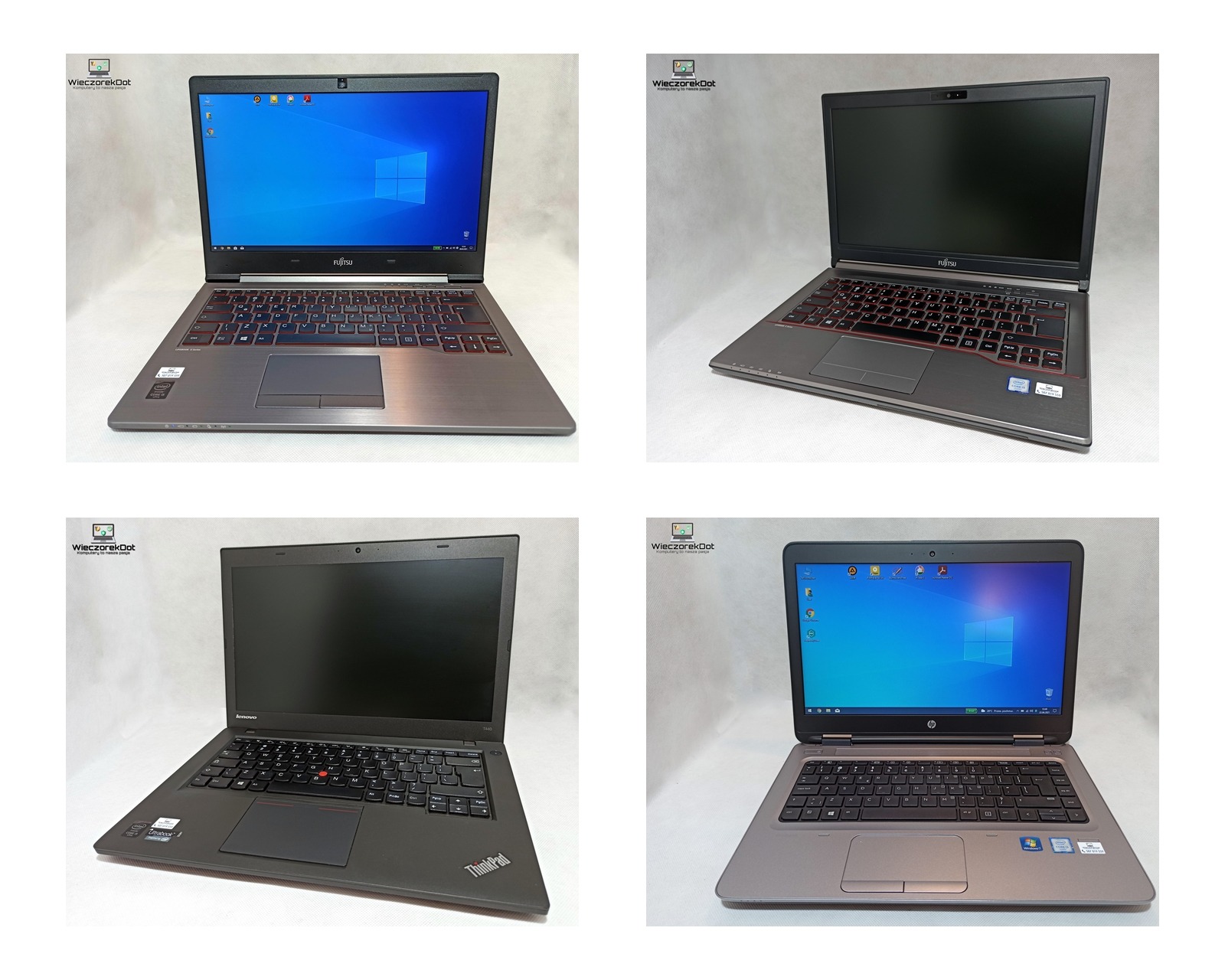 Kolaż czterech różnych laptopów (Fujitsu, Lenovo ThinkPad, HP) na jednolitym tle, prezentujący ich wygląd zewnętrzny i ekrany.