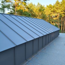 Ivan Marchenko VANBUD - Nowoczesne, grafitowe krycie dachu z blachy na tle zielonego lasu. Widoczne precyzyjne łączenia i estetyczne wykończenie. Ujęcie z dołu, podkreślające geometrię.