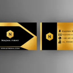 Dwustronna wizytówka z czarno-złotym motywem, minimalistyczny design z heksagonalnym logo i danymi kontaktowymi.
