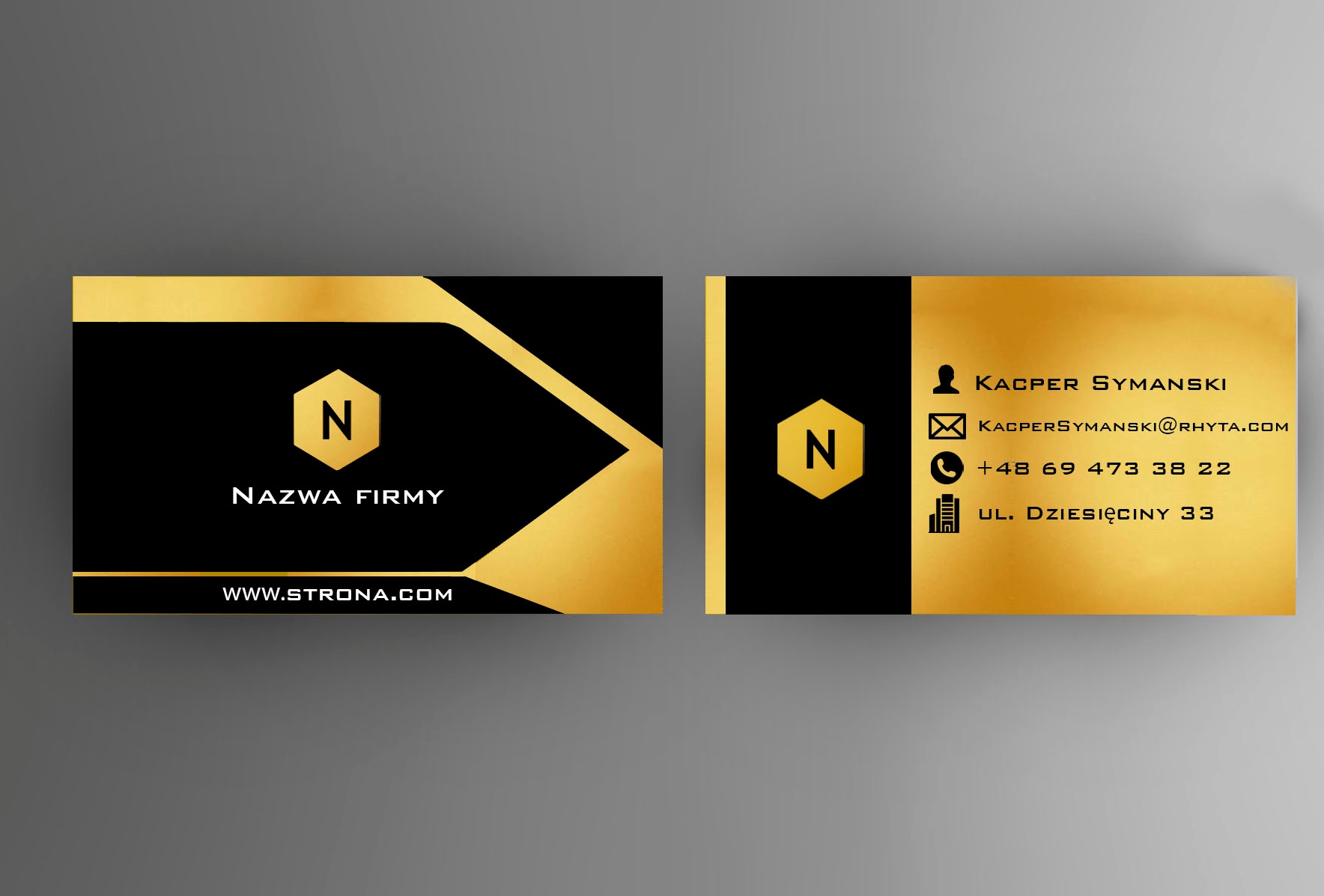 Dwustronna wizytówka z czarno-złotym motywem, minimalistyczny design z heksagonalnym logo i danymi kontaktowymi.