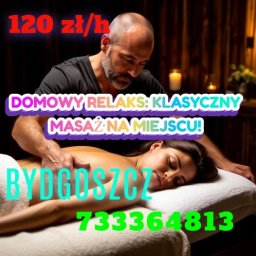 Aliaksandr Koushun - Mężczyzna wykonuje masaż pleców kobiecie leżącej na stole do masażu. Widoczne napisy: 'Domowy relaks: klasyczny masaż na miejscu! Bydgoszcz, 120 zł/h, numer telefonu'.
