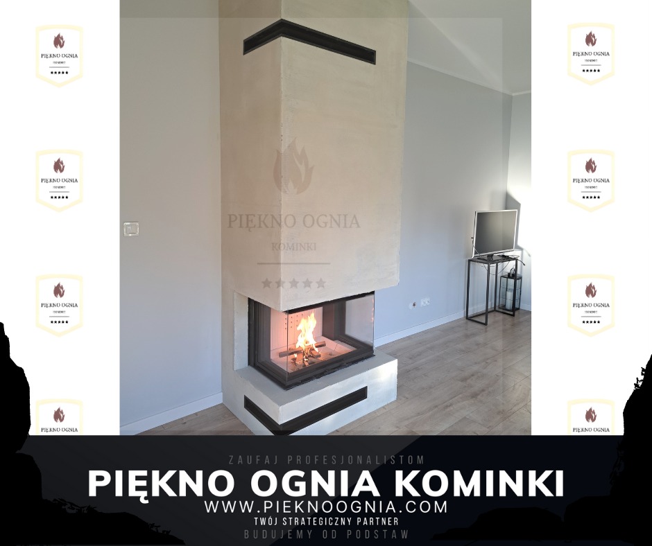 Nowoczesny kominek narożny z obudową z jasnego betonu architektonicznego, z paleniskiem z płonącym drewnem, w minimalistycznym salonie z szarą ścianą i telewizorem na metalowym stoliku.