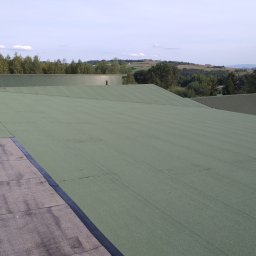 FENIX Paweł Oczkowski - Rozległy, płaski dach pokryty zieloną papą, z widocznymi śladami stóp i fragmentami innych pokryć, na tle zielonych wzgórz i błękitnego nieba.