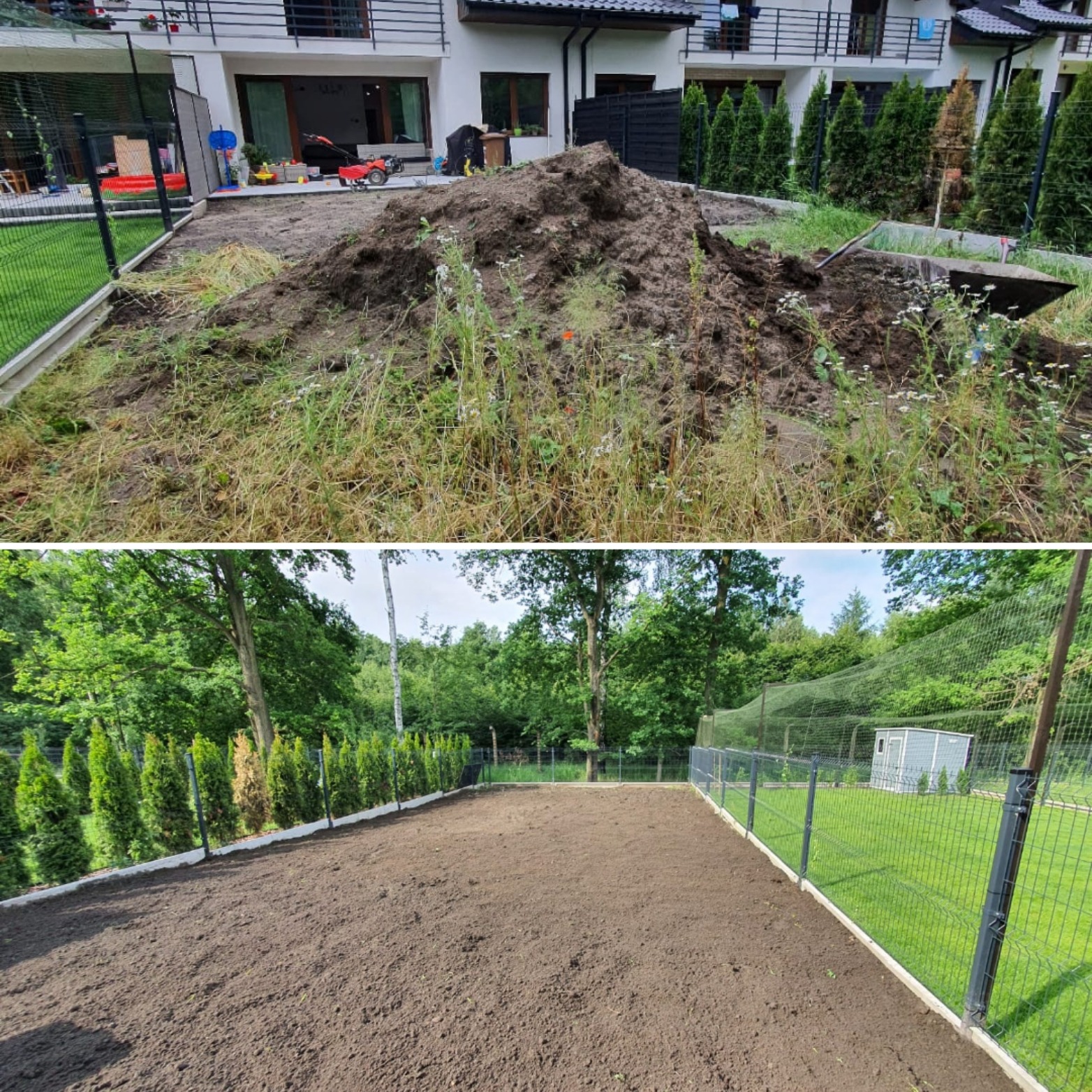 Dwa ujęcia tego samego terenu: górne przed, z pryzmą ziemi, chwastami i taczką, dolne po, z wyrównaną ziemią, obrzeżami i tujami w tle.