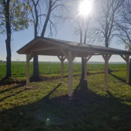 Surowa drewniana konstrukcja z zadaszeniem w Pszczynie, prawdopodobnie altana lub wiata, na tle zielonego pola i drzew w jesiennym słońcu.