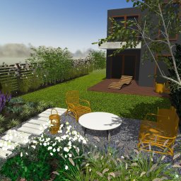 Magdalena Pycia HORTANICA - Wizualizacja ogrodu z nowoczesnym domem w tle, obejmująca ścieżkę z kamiennych płyt, okrągły stolik z dwoma plecionymi krzesłami, ozdobną latarnię i starannie dobrane rośliny, w tym białe...