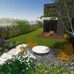 Wizualizacja ogrodu z nowoczesnym domem w tle, obejmująca ścieżkę z kamiennych płyt, okrągły stolik z dwoma plecionymi krzesłami, ozdobną latarnię i starannie dobrane rośliny, w tym białe...