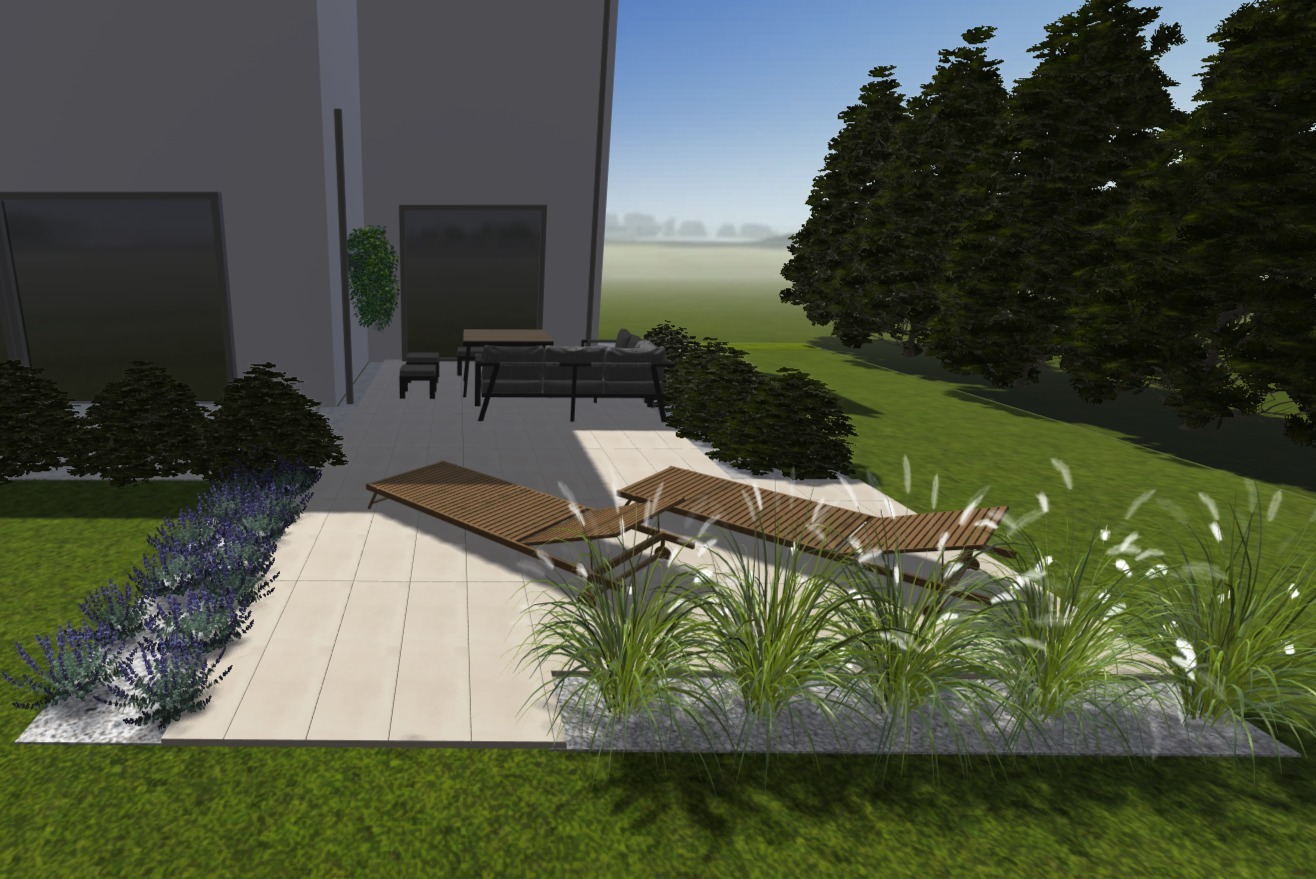 Wizualizacja tarasu z dwoma drewnianymi leżakami, sofą ogrodową i roślinnością ozdobną na tle nowoczesnego domu i zielonego trawnika.