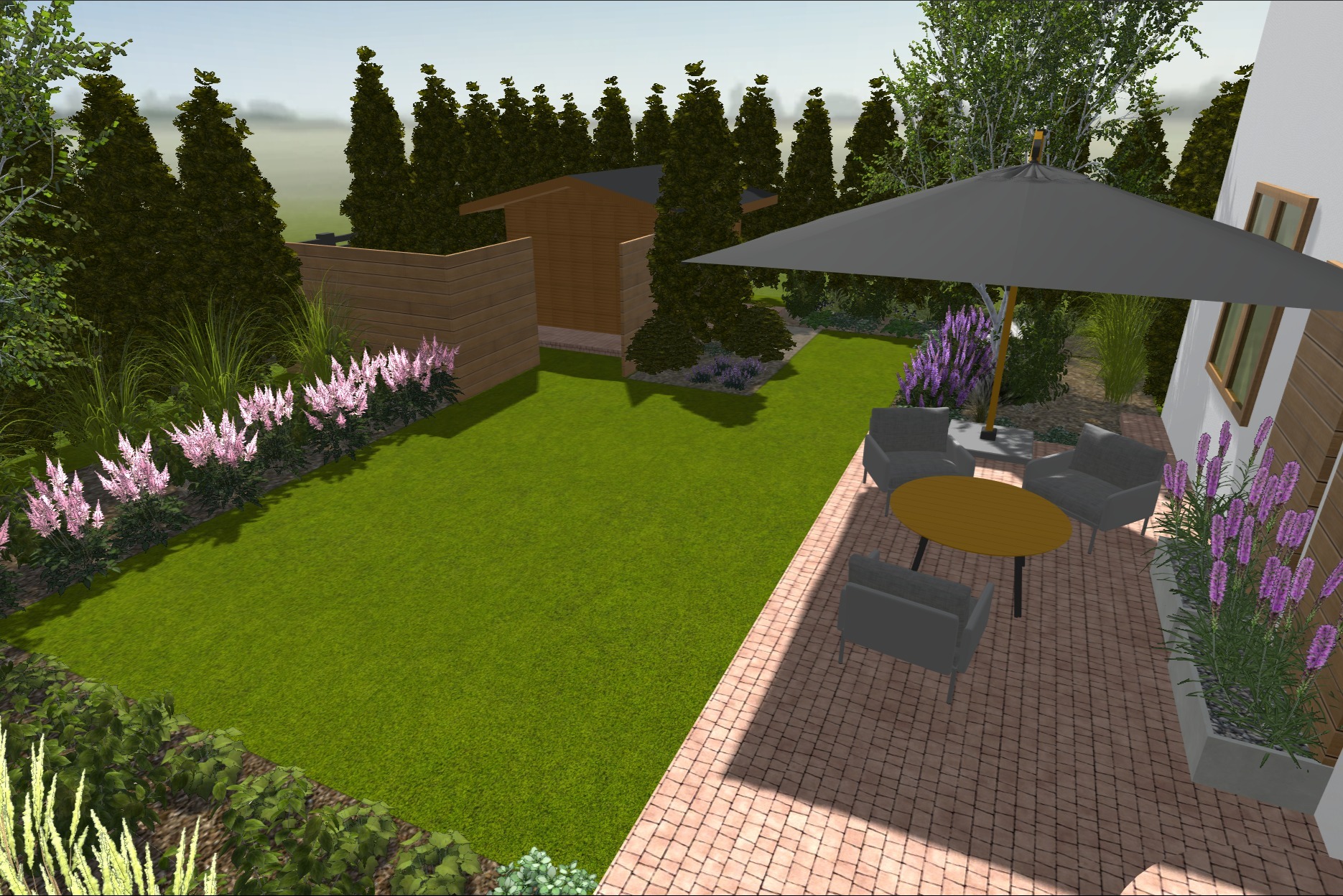 Wizualizacja ogrodu z równo przystrzyżonym trawnikiem, drewnianym ogrodzeniem, altaną, kwiatami, patio z cegły z parasolem i meblami ogrodowymi.
