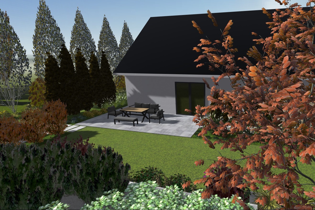 Wizualizacja 3D ogrodu w Katowicach z nowoczesnym tarasem, meblami ogrodowymi i starannie dobraną roślinnością, w tym drzewami iglastymi i liściastymi.