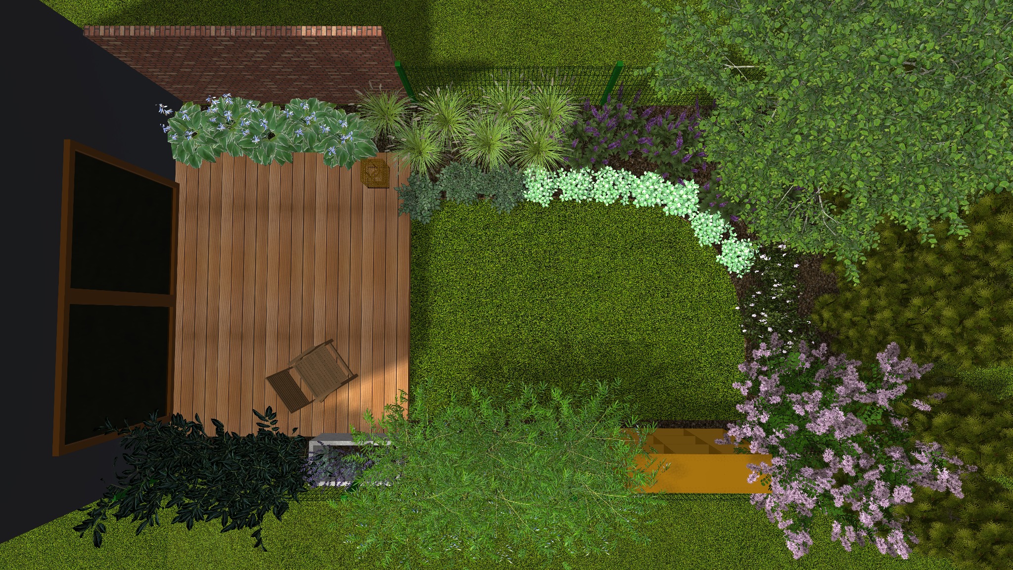 Wizualizacja 3D ogrodu z drewnianym tarasem, meblami ogrodowymi, różnorodną roślinnością, trawnikiem i ogrodzeniem, widok z góry.