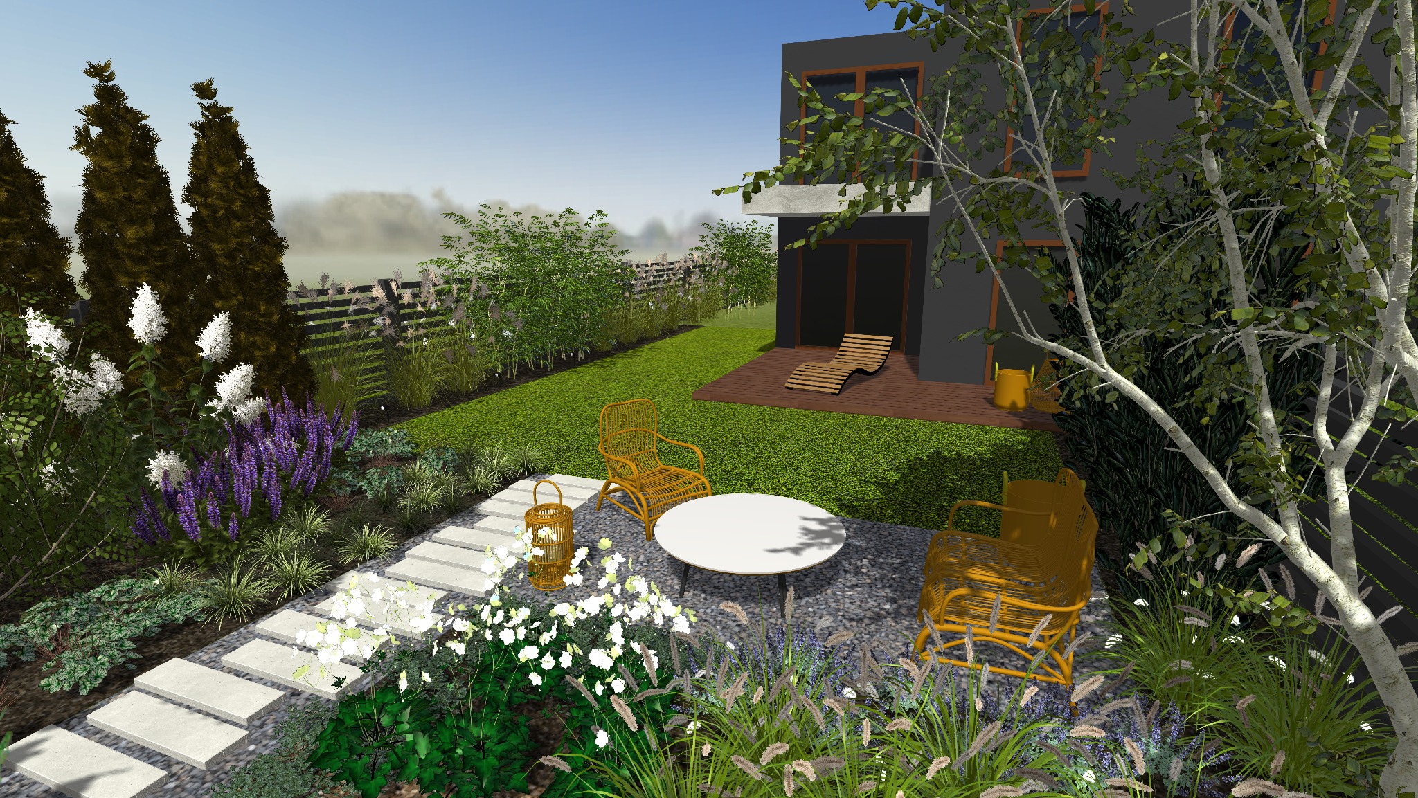 Wizualizacja ogrodu z nowoczesnym domem w tle, obejmująca ścieżkę z kamiennych płyt, okrągły stolik z dwoma plecionymi krzesłami, ozdobną latarnię i starannie dobrane rośliny, w tym białe...