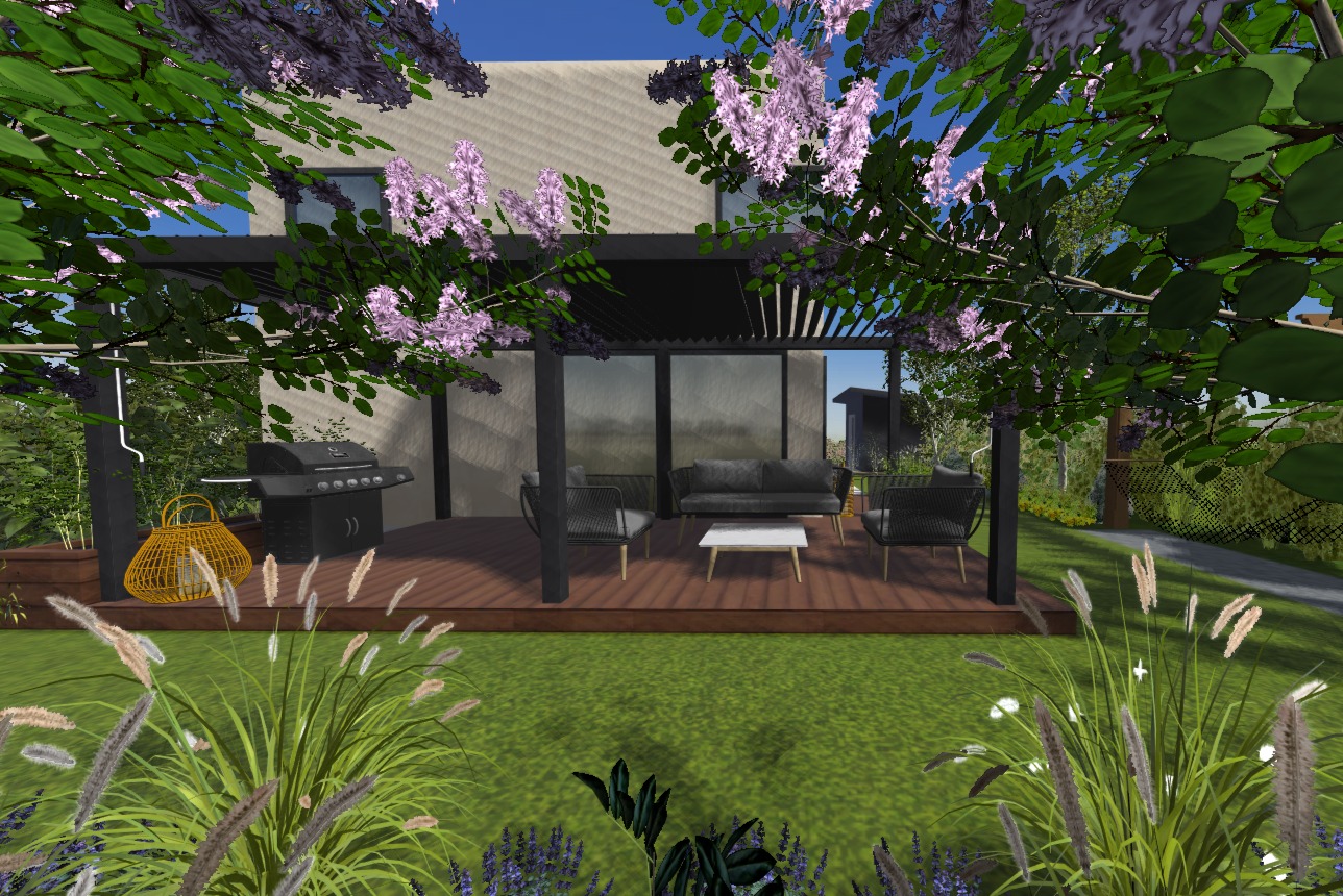 Wizualizacja tarasu z pergolą, meblami ogrodowymi i grillem, otoczonego zielenią i kwitnącymi krzewami.
