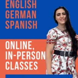 Plakat reklamowy: kobieta na tle niebiesko-pomarańczowym, oferująca lekcje angielskiego, niemieckiego i hiszpańskiego online i stacjonarnie. Podany numer telefonu.