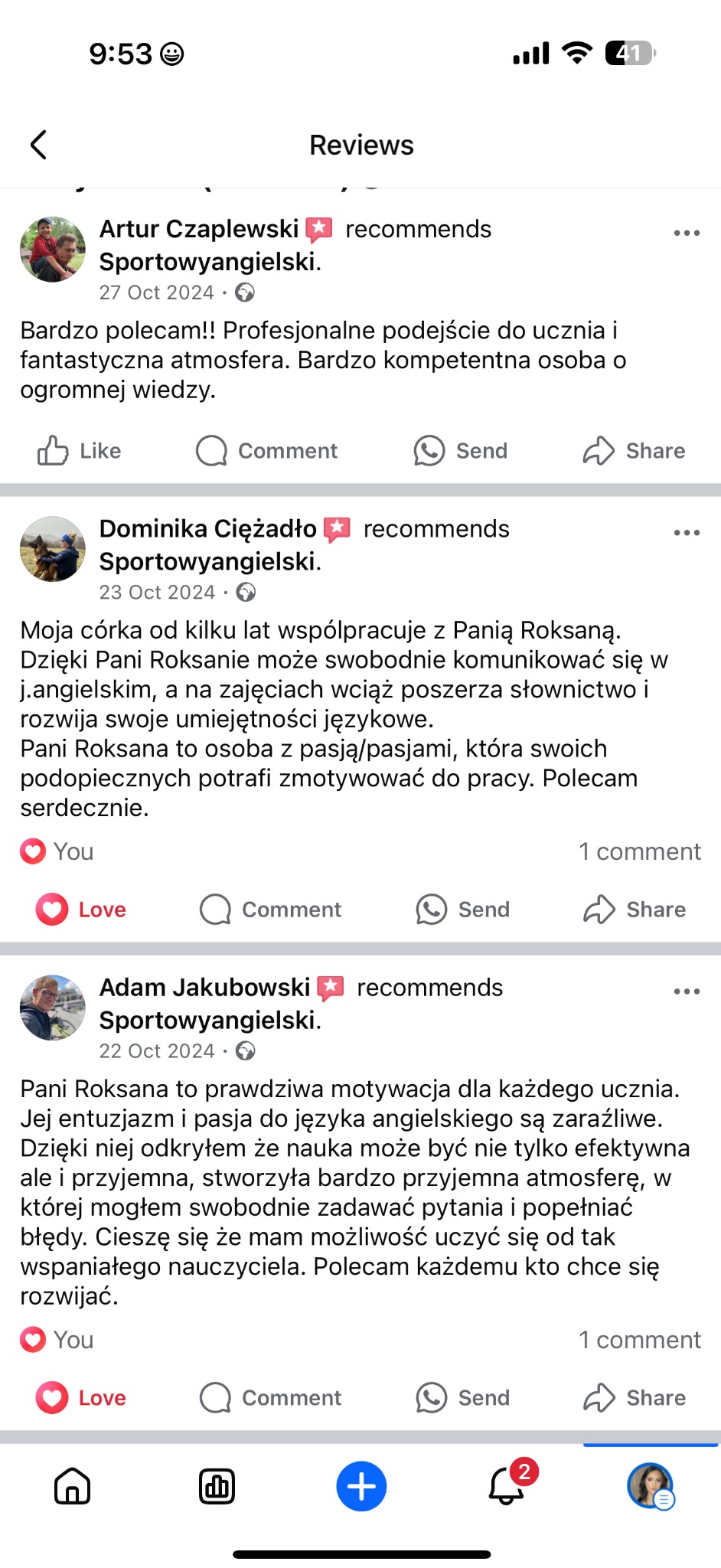 Zrzut ekranu z recenzjami na Facebooku, polecającymi 'Sportowyangielski' - szkołę językową. Pozytywne opinie o profesjonalizmie i motywacji w nauce angielskiego.