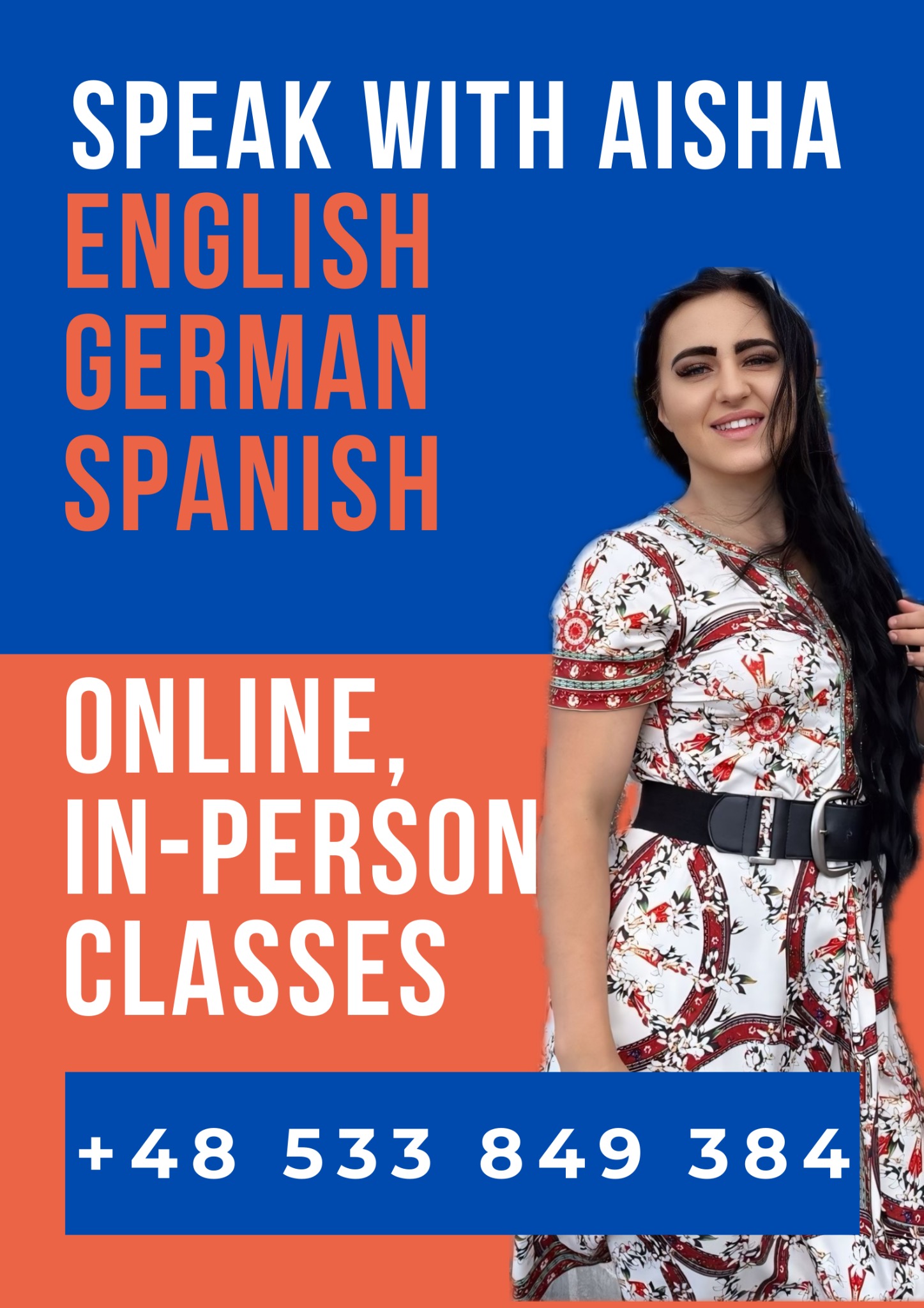Plakat reklamowy: kobieta na tle niebiesko-pomarańczowym, oferująca lekcje angielskiego, niemieckiego i hiszpańskiego online i stacjonarnie. Podany numer telefonu.