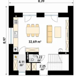 Rzut poziomy parteru domu z wymiarami pomieszczeń, w tym salonu z jadalnią, kuchni, łazienki i schodów.
